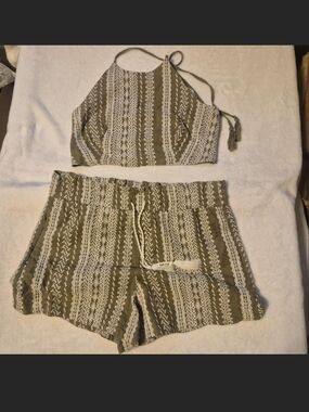 House of Harlow 1960 Olive and White Striped Crochet Shorts Set